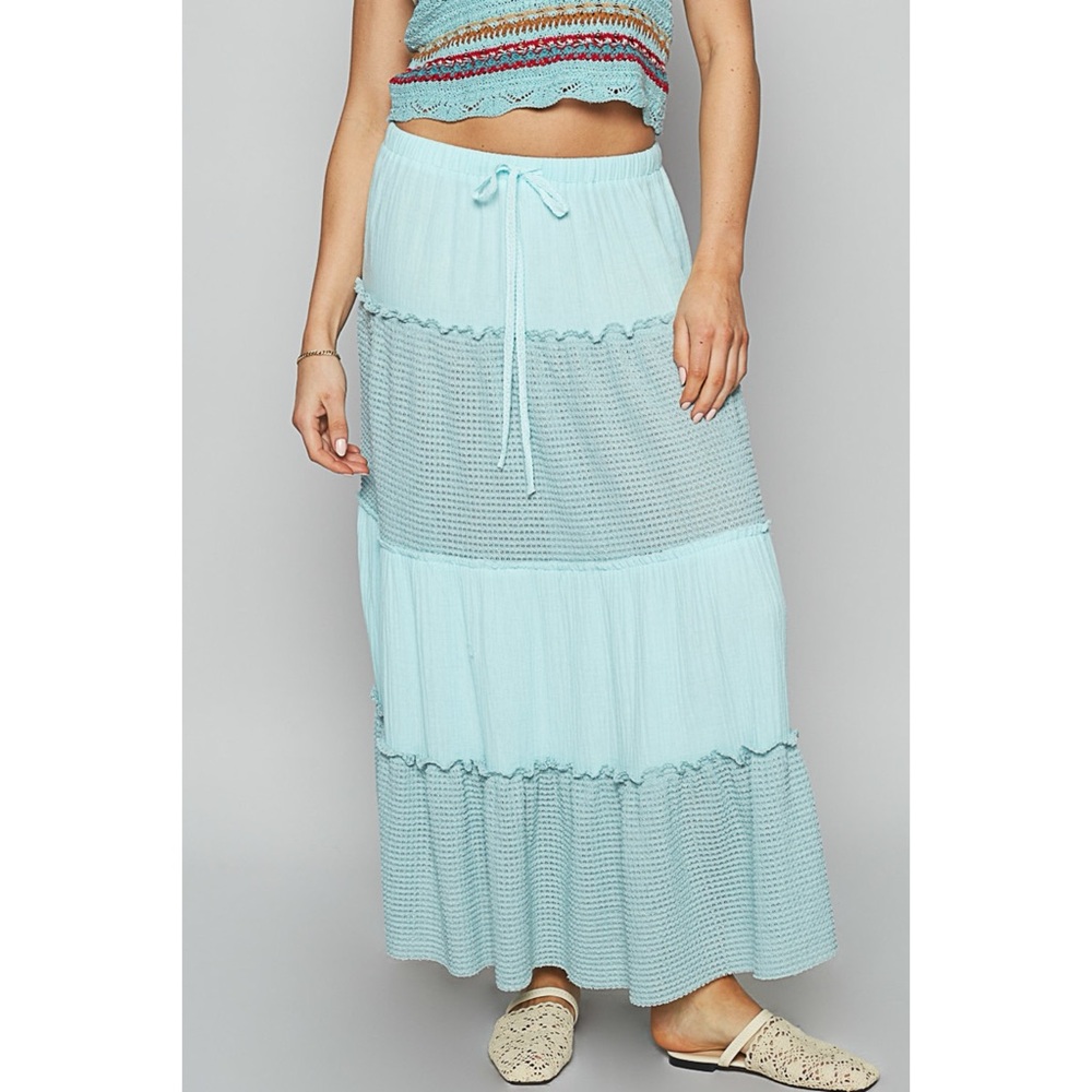 POL Blue Sky Mixed Fabric Ruffle Tiered Maxi Skirt | Convertible To Dress